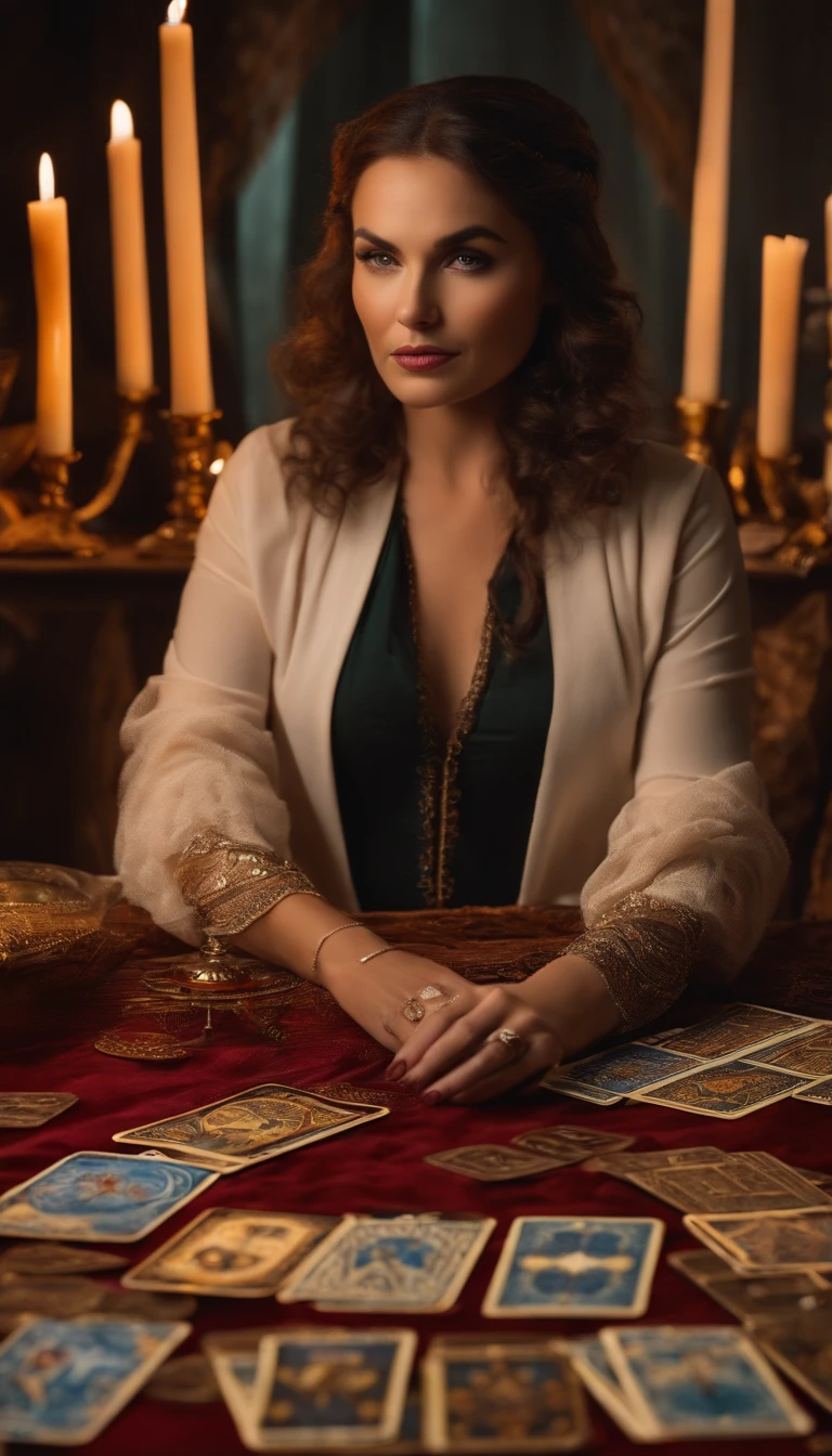 A woman sitting looking at the camera and tarot cards on the table