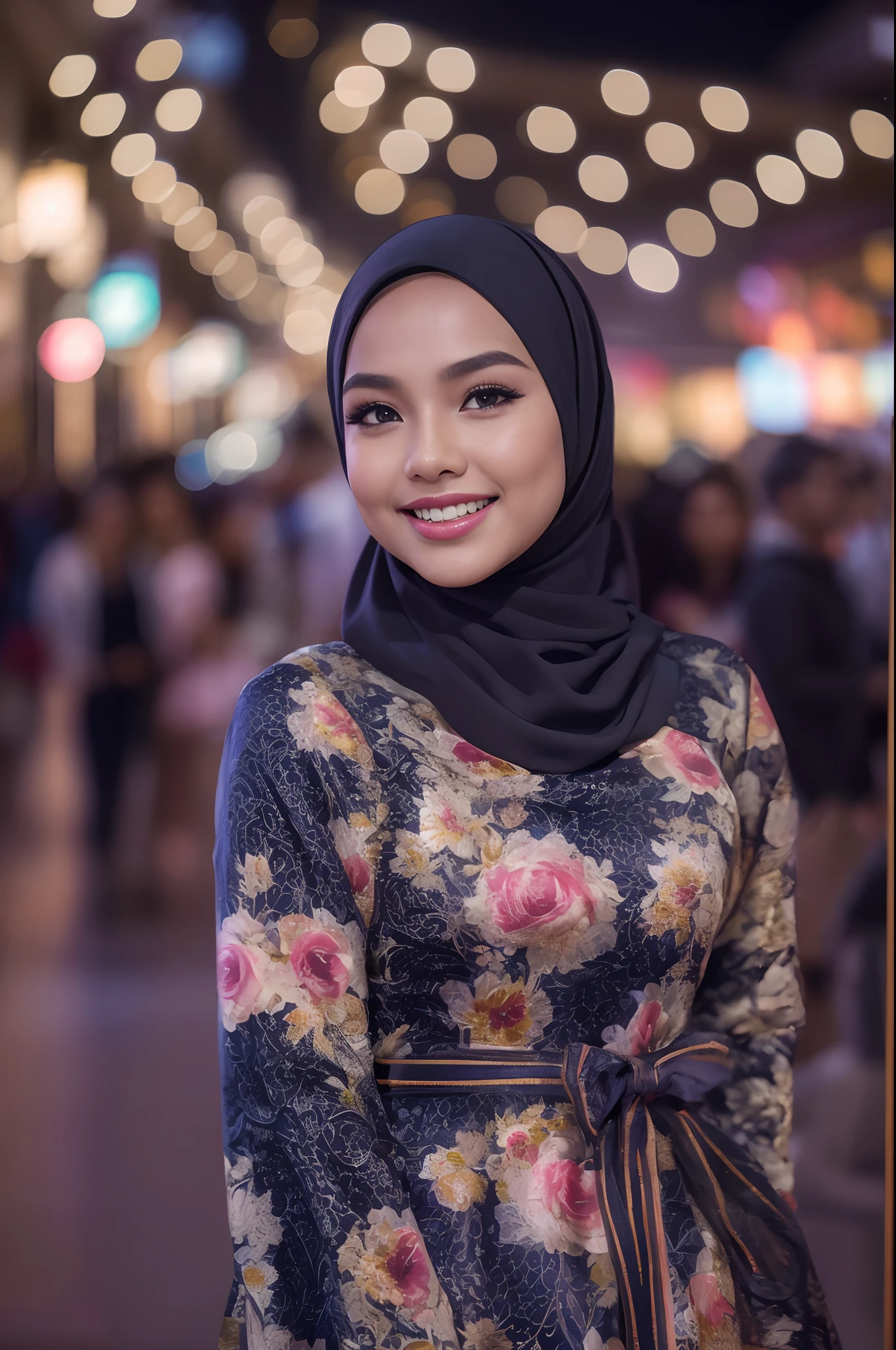 Portrait photography of a beautiful young malay girl in hijab wearing Square Neck Bow Front Floral Jacquard Dress , catwalk, nighttime, crowded mall background, bright lighting, smile and happy gesture, small abs, wide hips, thick thighs, small abs, petite, detail skin texture, 4k, high detail, ultra detail,