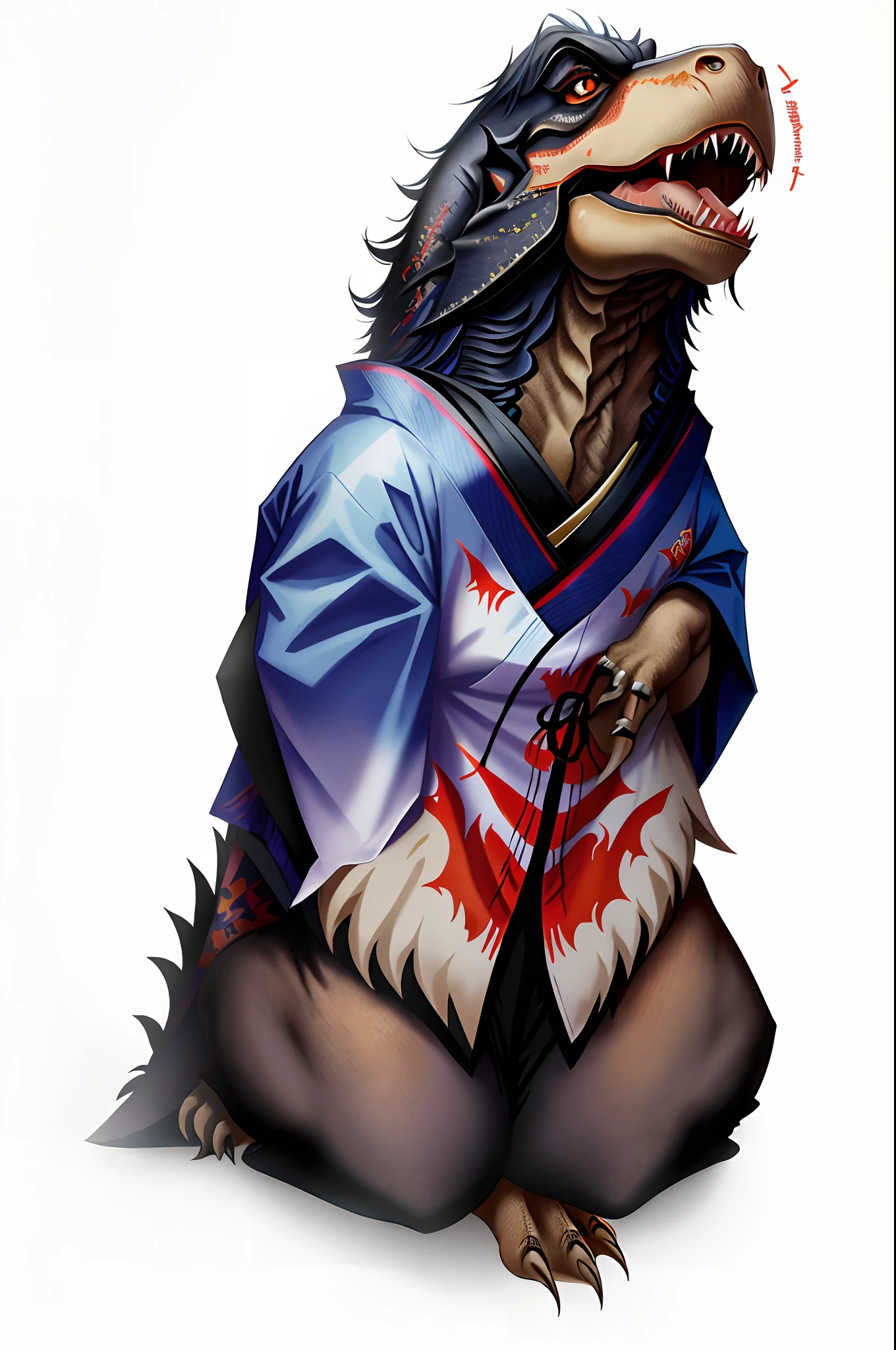 tyrannosaurus rex wearing a kimono holding a katana
