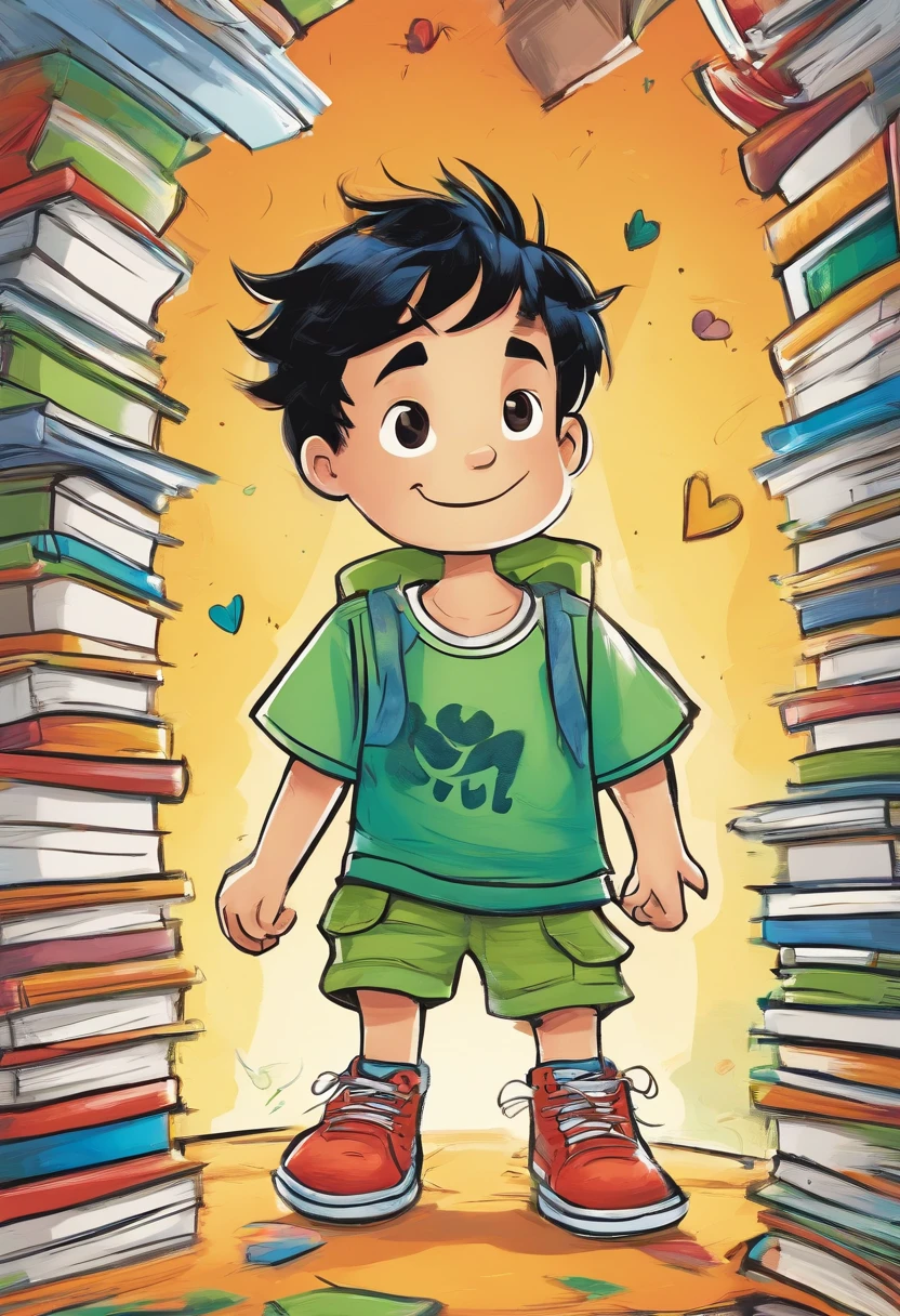 Boy, 5 years old, children's book illustration style, simple, cute, white background, bright colors, short black hair, light skin, blue shirt, green shorts, black sneakers, Doug drawing style