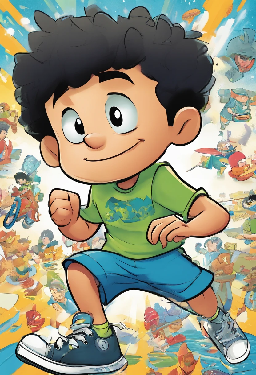 Boy, 5 years old, children's book illustration style, simple, cute, white background, bright colors, short black hair, light skin, blue shirt, green shorts, black sneakers, Doug drawing style