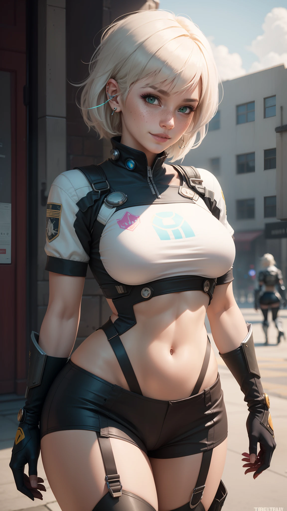 gwen tennyson,y'shtola rhul,yorha 2b, tracer,nier automata,overwatch,close up,mecha pilot,city view,tattoos,blue and pink plugsuit,white short sleeve lycra top,steel lycra micro shorts,steel garter belt,uncovered belly,short hair, cute makeup,green eyes,dimensional blonde hair,shy smile,freckles,beautiful girl,large breasts,8k hd,ultra detailed, realistic,fantasy art,d.va,hana song,steel armor,pilot uniform,ear piercings,hair pin,saiyan girl,super saiyan female,short sleeve pilot jacket,thigh high boots,