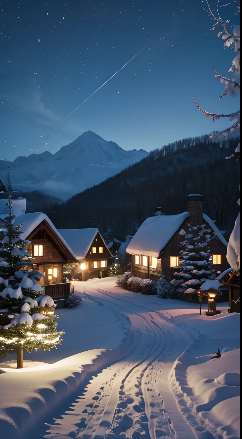 the night, quaint village, Snow hangs from trees, first person perspective
