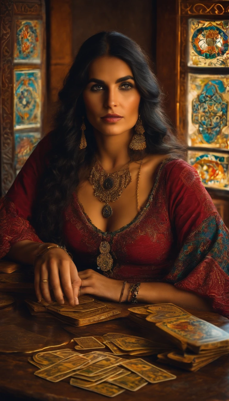 A gypsy woman sitting looking at the camera and tarot cards on the table stable diffusion style