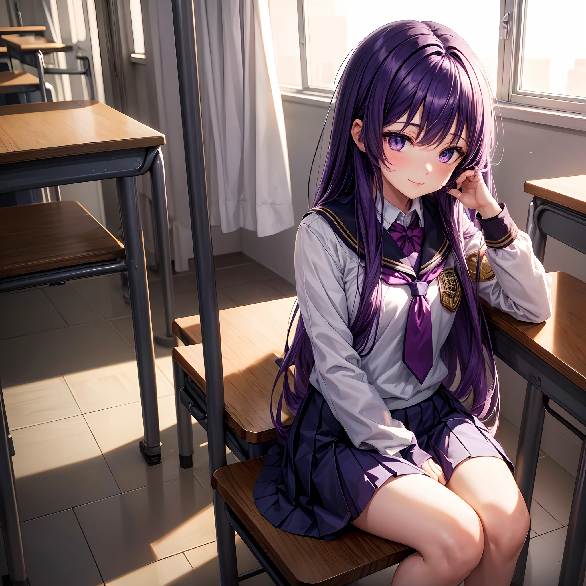 1girl in, Long Midnight Purple Hair, Golden Light Eyes, Sit in class, White School Modern Uniform, Anime，smil，