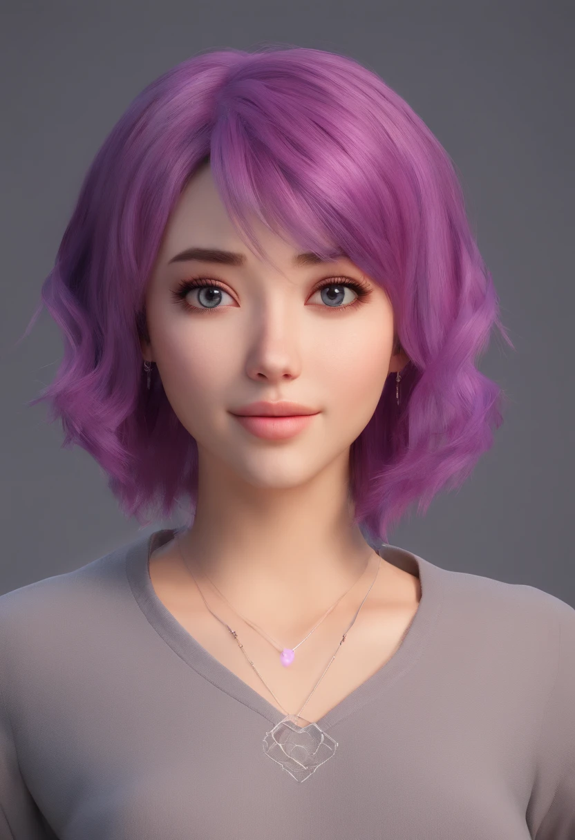 realistic girl purple hair, beautiful girl, undershirt, full body, Eye details , cute face