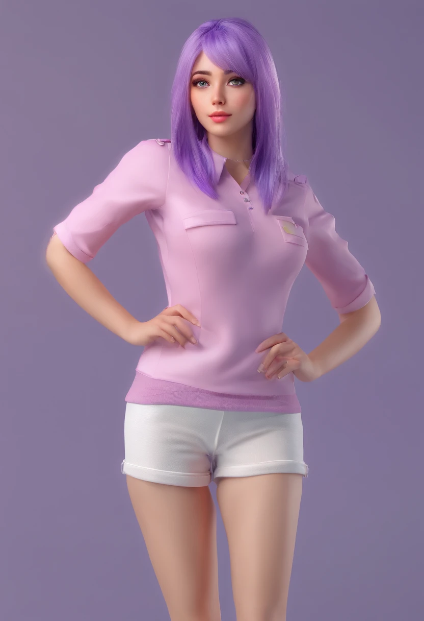 realistic girl purple hair, beautiful girl, undershirt, full body, Eye details , cute face