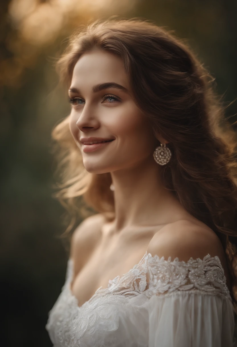 A girl,The white,Gentle,Smile sweetly,The upper part of the body,Bare shoulders