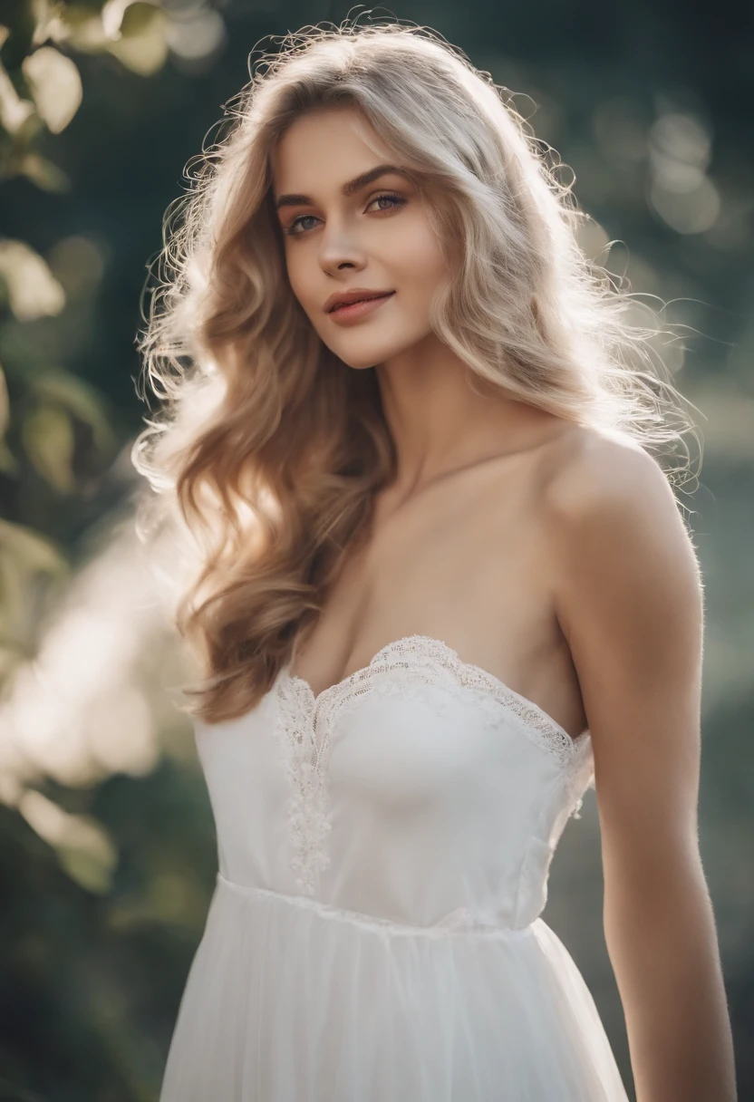 top-quality、masterpiece、8K、Blonde girl in white dress(Long、a smile)、low angles、Floating in the air、foco nítido:1.2.