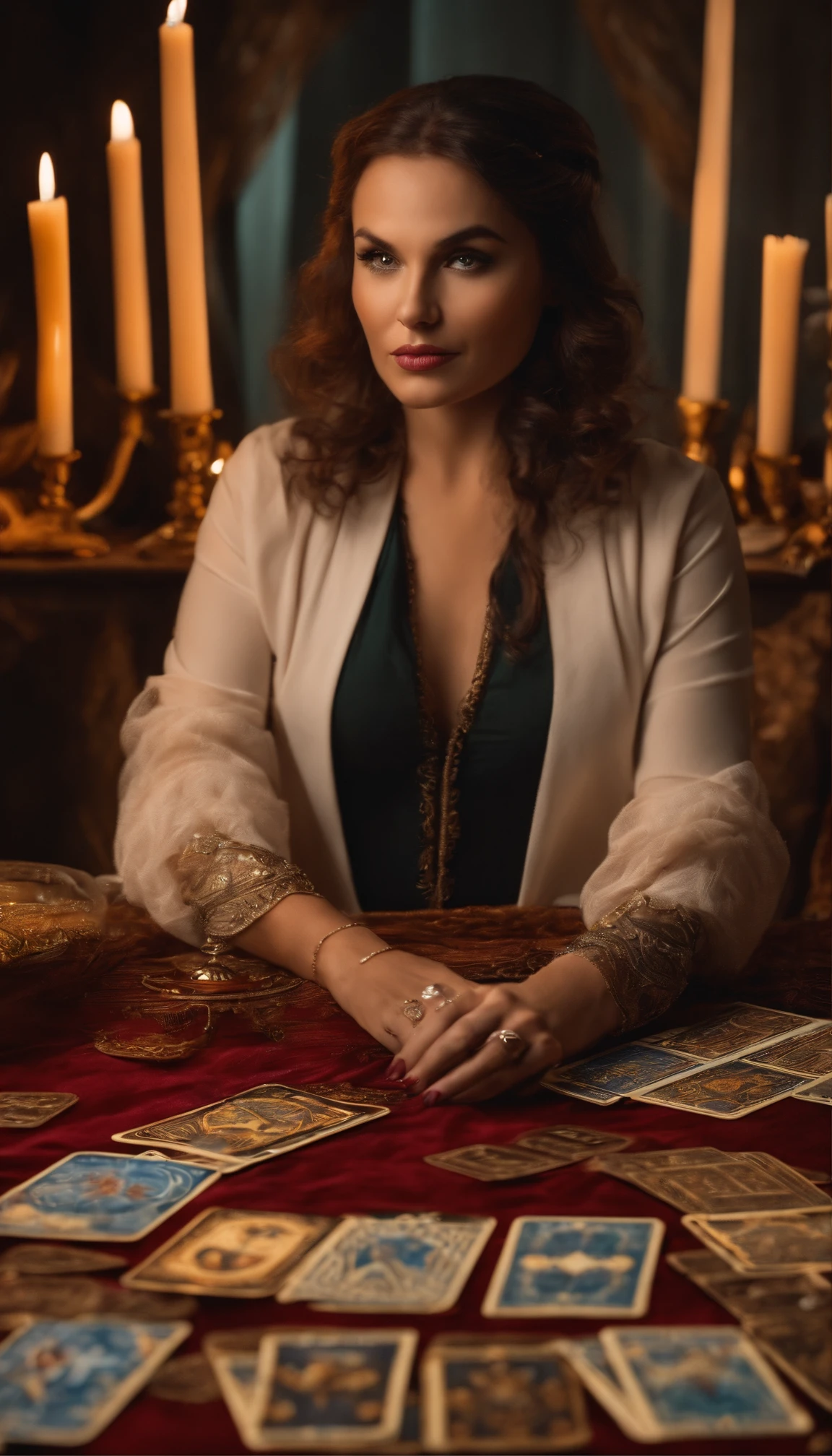 A woman sitting looking at the camera and tarot cards on the table