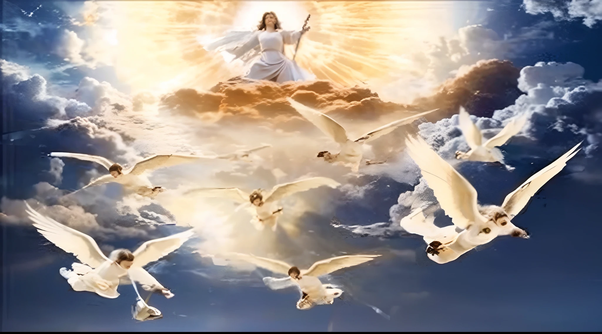 (extremely detailed CG unity 8k wallpaper, masterpiece, best quality, ultra-detailed), best illumination, best shadow, an extremely delicate and beautiful, floating,
[(1 figure), white robe, crown of thorns, savior, (beard), (blue eyes), (divine light), hands outstretched, (nail wounds on hands), dramatic angle],
(stained glass window, holy cross, church), (vastness), (sacred atmosphere).