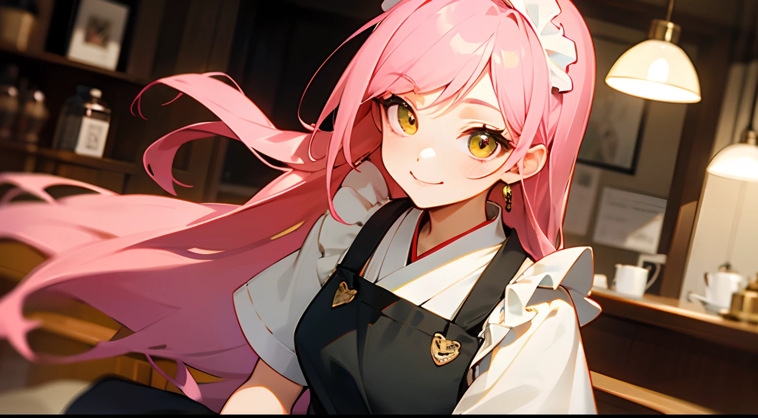 Fluffy semi-long pink hair、Golden Eyes、a beauty girl、Apron、Bright green Japanese style maid、Brown Long Boots、Work in a coffee shop、a closeup、A smile、
