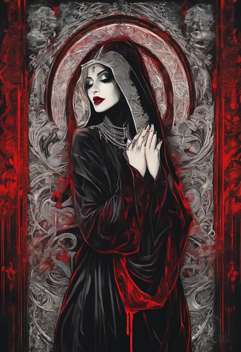 (sexy gothic demonic nun), dark, mysterious, enchanting, hauntingly beautiful, (detailed facial features, piercing eyes, dark red lips), black flowing robes, cross necklace, sensual, alluring pose, (candlelit backdrop, ominous atmosphere), (best quality, highres, ultra-detailed), (gothic art, oil painting, dark fantasy), (dramatic lighting, shadows, ethereal glow), (black and red color scheme, intense contrast), (beautifully composed, intricate details), (evokes a sense of desire and forbidden allure).