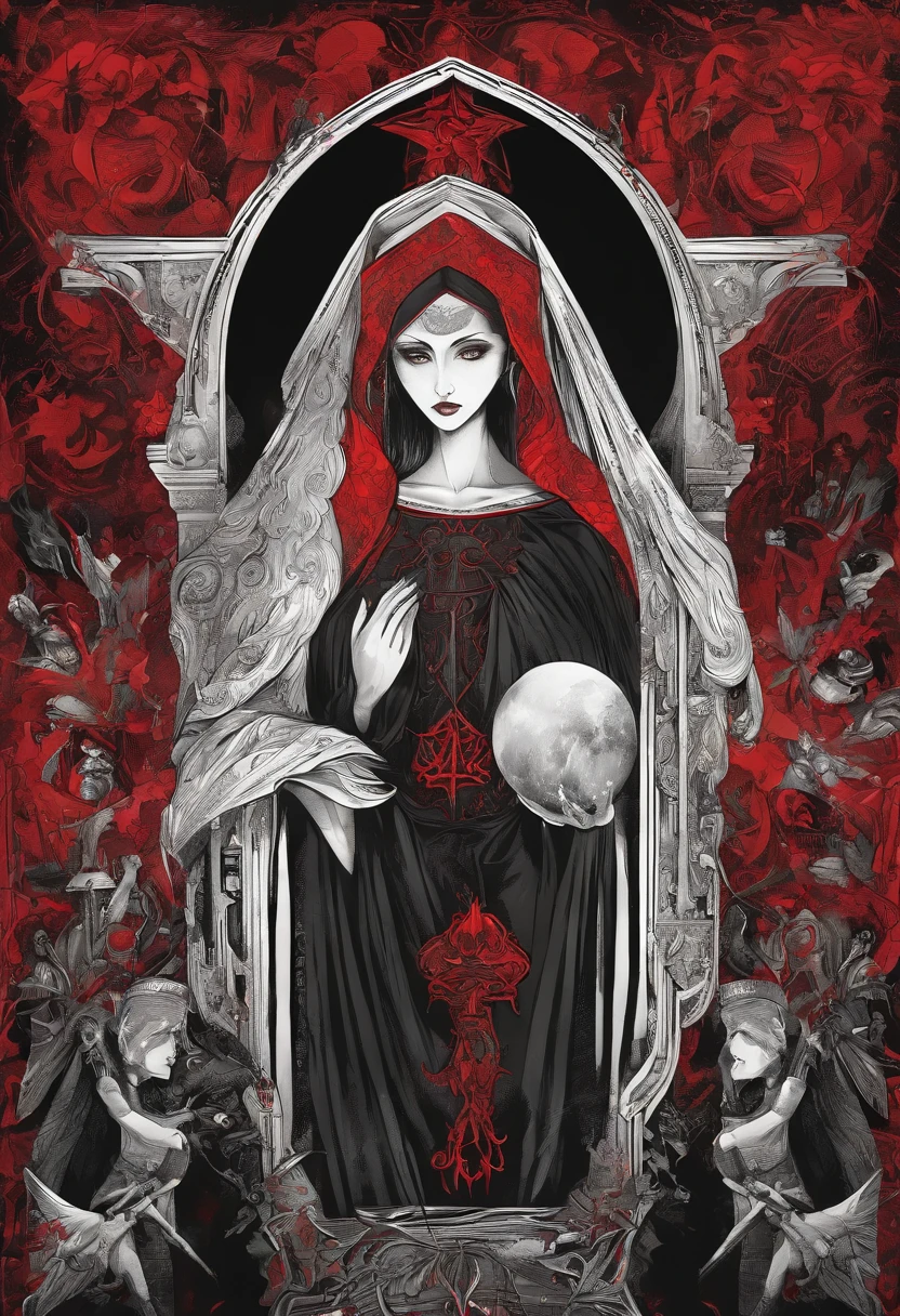 (sexy gothic demonic nun), dark, mysterious, enchanting, hauntingly beautiful, (detailed facial features, piercing eyes, dark red lips), black flowing robes, cross necklace, sensual, alluring pose, (candlelit backdrop, ominous atmosphere), (best quality, highres, ultra-detailed), (gothic art, oil painting, dark fantasy), (dramatic lighting, shadows, ethereal glow), (black and red color scheme, intense contrast), (beautifully composed, intricate details), (evokes a sense of desire and forbidden allure).