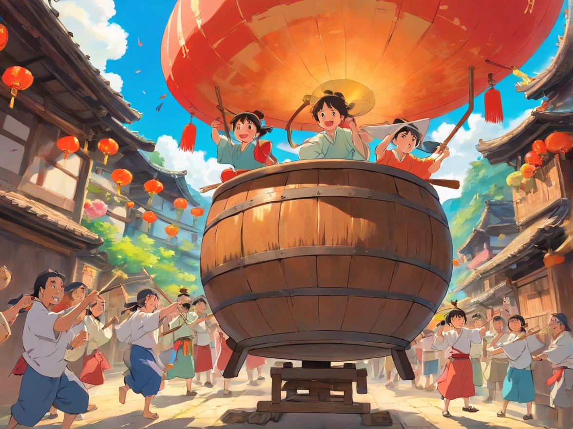 A Zhuang village celebrates a festival and people beat copper drums