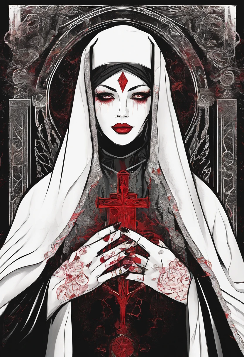 (sexy gothic demonic nun), dark, mysterious, enchanting, hauntingly beautiful, (detailed facial features, piercing eyes, dark red lips), black flowing robes, cross necklace, sensual, alluring pose, (candlelit backdrop, ominous atmosphere), (best quality, highres, ultra-detailed), (gothic art, oil painting, dark fantasy), (dramatic lighting, shadows, ethereal glow), (black and red color scheme, intense contrast), (beautifully composed, intricate details), (evokes a sense of desire and forbidden allure).