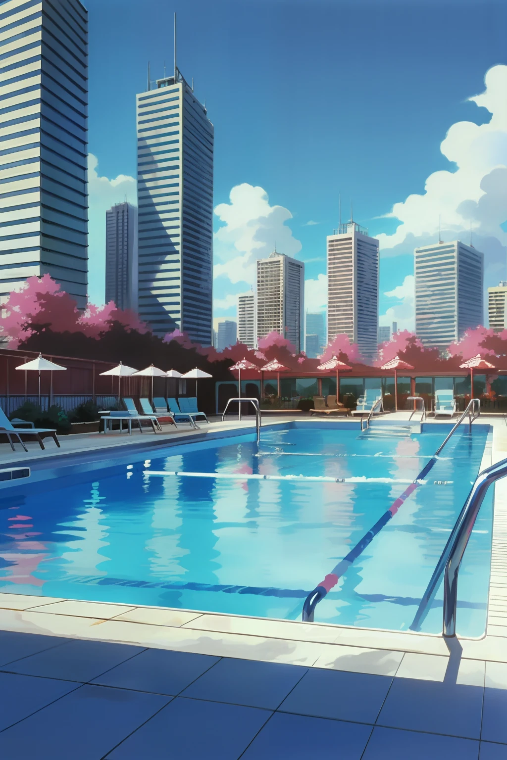 building, city landscape, hotel resort, pool, HNKstyle, 80's anime,