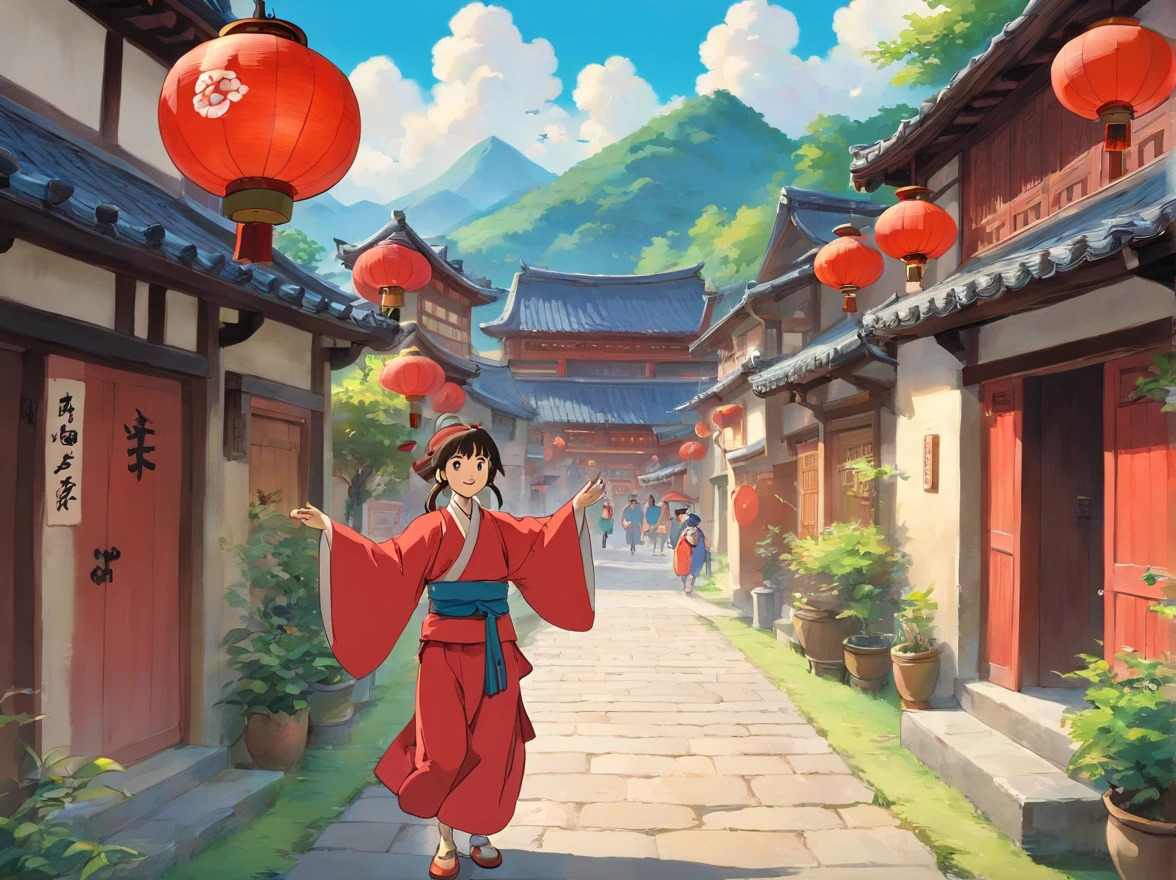 The architecture in the village is Zhuang culture, A lot of people are celebrating, cheer, Beat the brass drum(A 15-year-old boy in red Zhuang costume appears in the picture,He looked at the cheerful atmosphere in the village