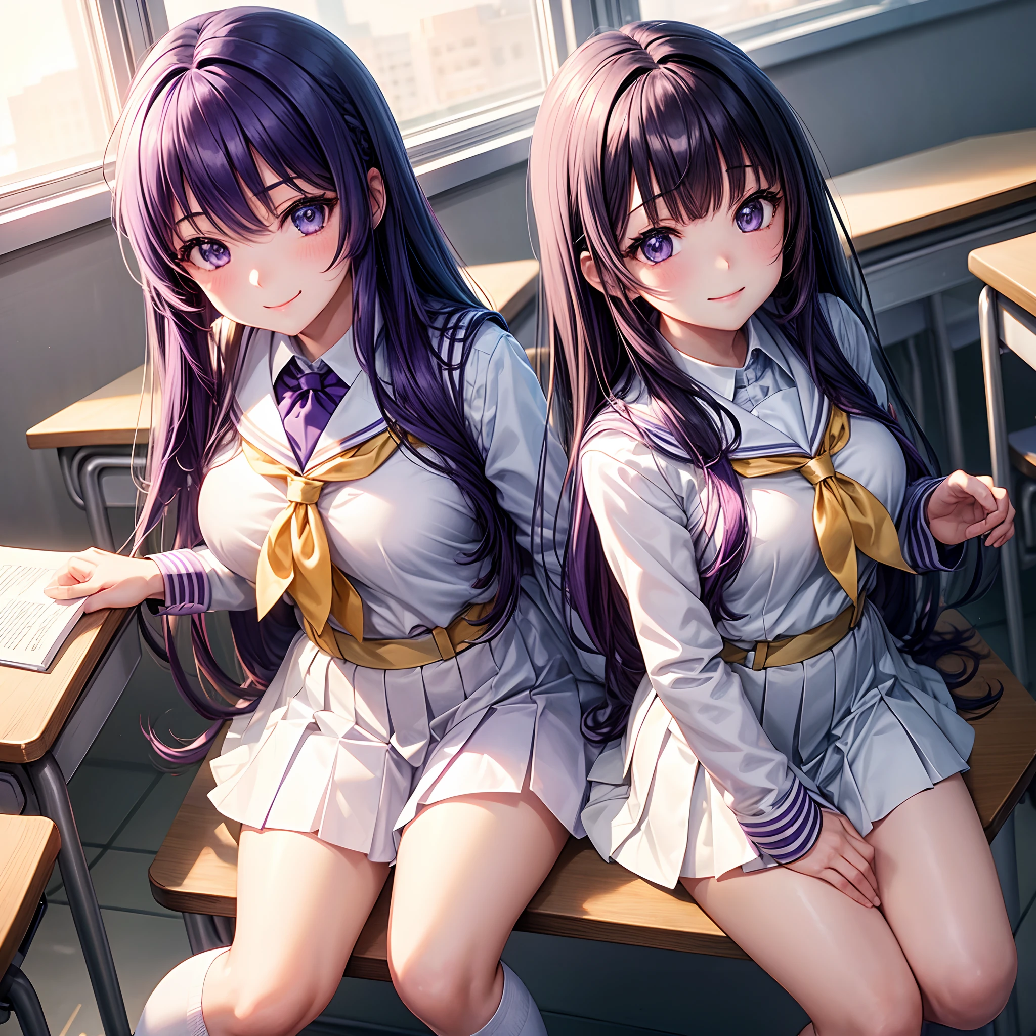 1girl in, Long Midnight Purple Hair, Golden Light Eyes, Sit in class, White School Modern Uniform, Anime,smil,Cute Uniform,
