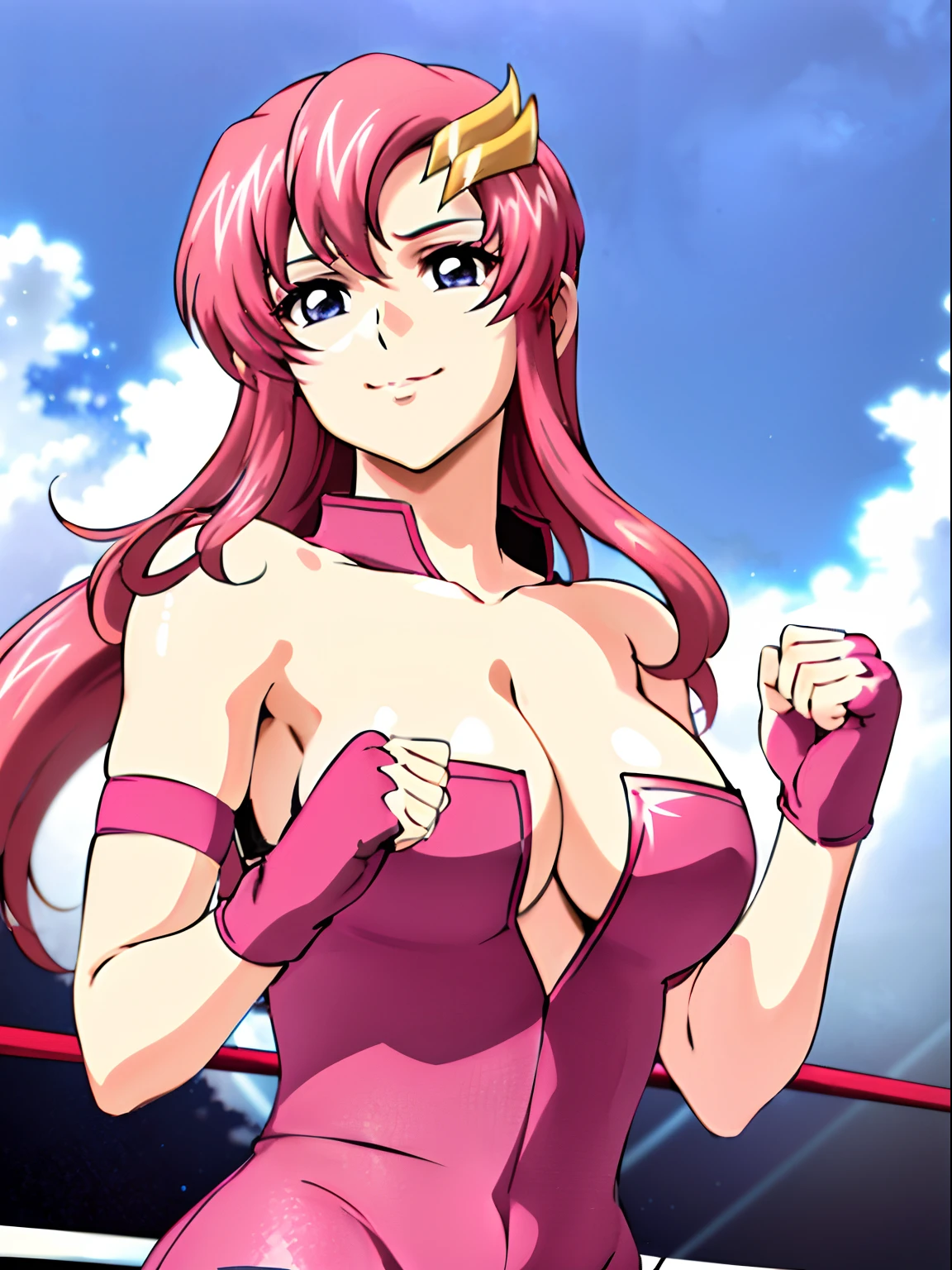 (((pink strapless wrestling outfit))), (masterpiece, standing , 4K, Best Quality, Anime style: 1.9,, Adult Woman, ultra detailed face, (cloud background, wrestling), Drawing lines, high resolution, Anime, lacus4), 1girl, Solo, curvy figure, Long hair, 鎖骨, scapular, (Detailed wide hair bangs, Hair Ornament, Detailed reddish-pink hair, golden crest), cleavage, large hands, (pro female wrestler). (Big blue eyes, shiny eyes), ((female wrestler, little biceps, slender body, broad shoulders, closed fists, closed mouth)), ((perfect proportions, medium breasts, cleavage, long belly)), (((mini pink wrestling outfit))),( looking at the viewer, gentle, smile),