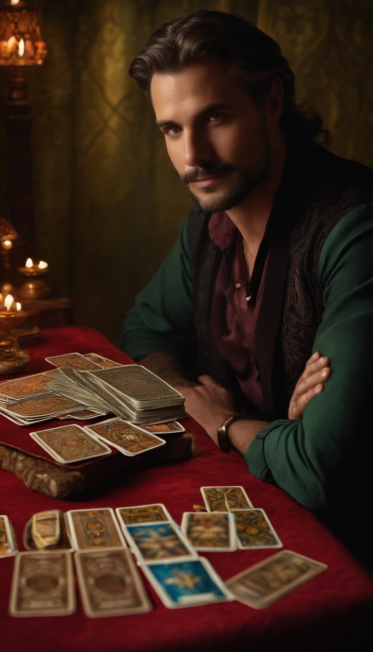 A man sitting looking at the camera and tarot cards on the table