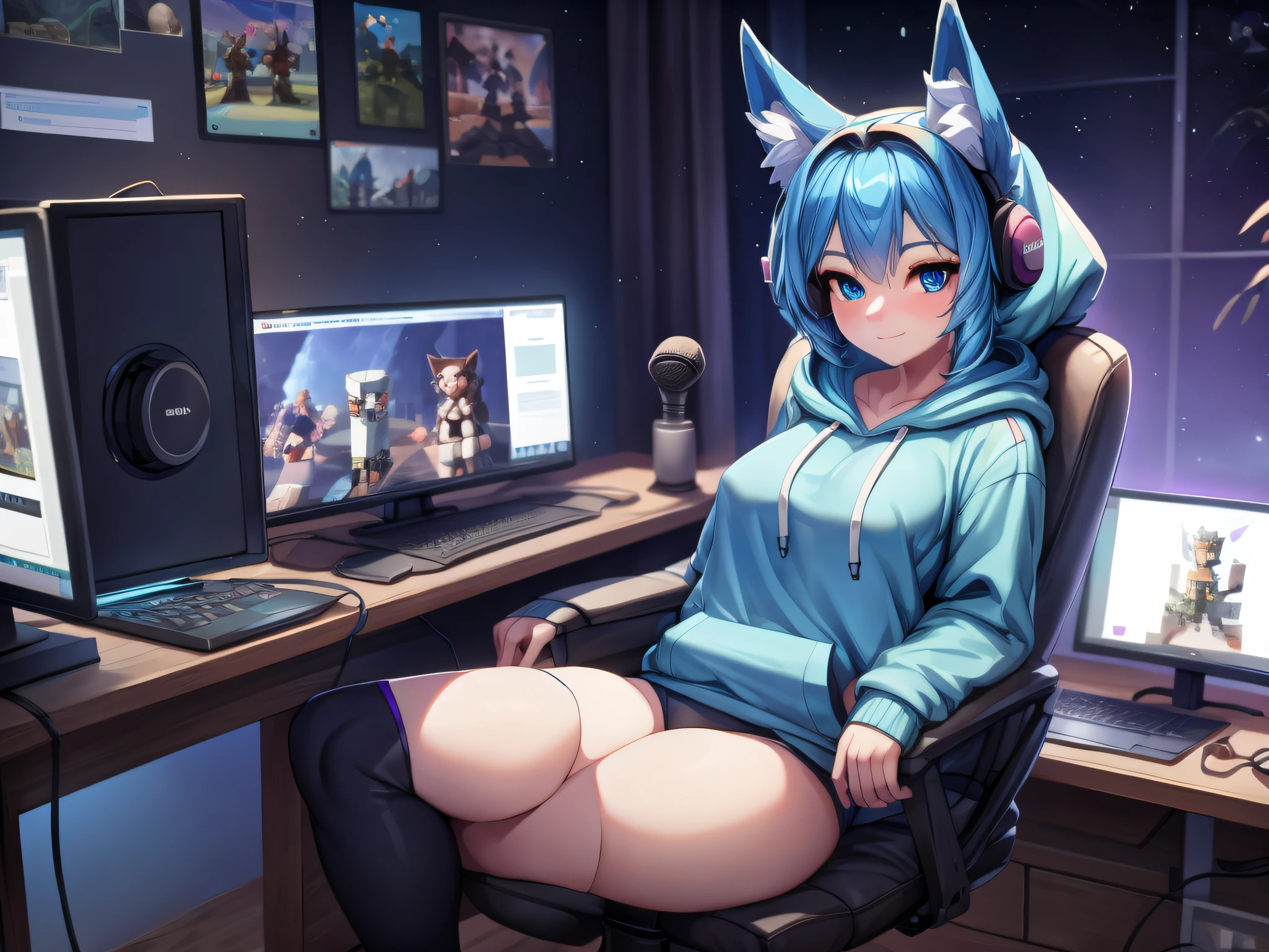 (Masterpiece) (High Detail) (High Res) A short humanoid girl with pale human skin and blue eyes and long blue hair and blue dog ears and a big fluffy dog tail and small breasts is sat at her PC computer playing video games. She is a twitch streamer and is streaming her games. Webcam, Microphone on microphone stand, large desk chair, headphones, stream deck, large lights, looking away from viewer. She is wearing a Green Minecraft Hoodie and thigh-high stripy socks.