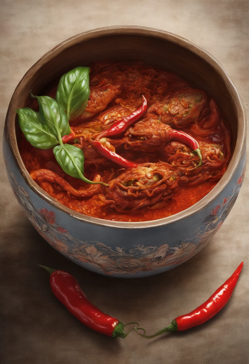 A bowl of spicy hot, realistic, surreal and spicy