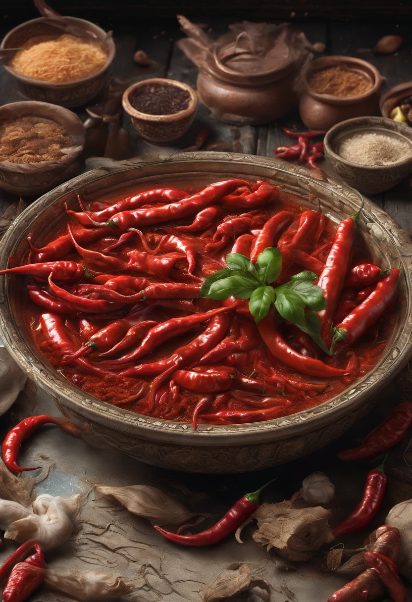 A bowl of spicy hot, realistic, surreal and spicy