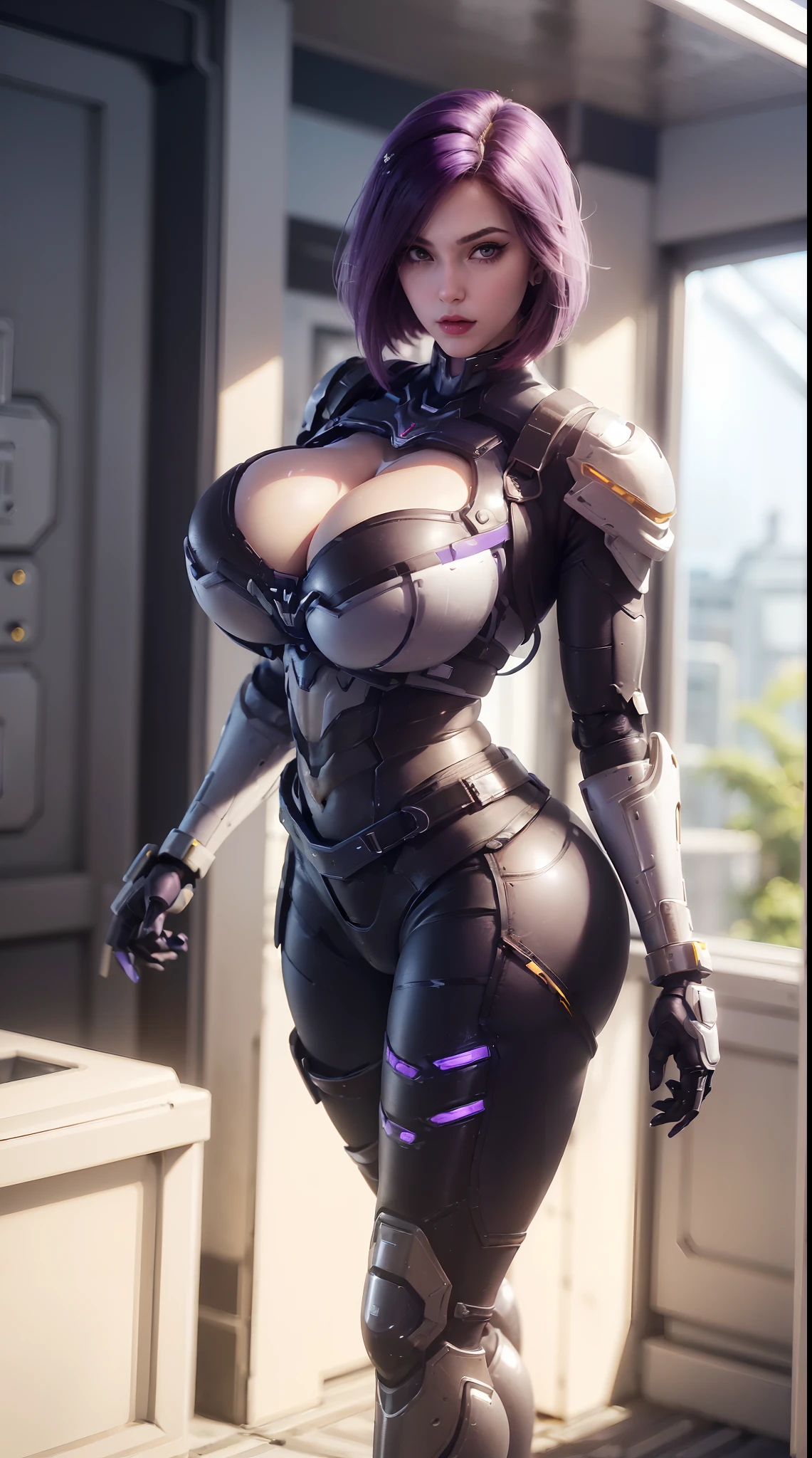 (1GIRL,SOLO:2), (super detailed face), ((BIG BUTTOCKS, HUGE FAKE BREASTS:1.5)), (CLEAVAGE TOP:1.5), (11 LINE ABS FEMALE:1.4), (MECHA GUARD ARM:1.4), ((WEAR PURPLE WHITE OVERWATCH MECHANICAL ARMOR CROP TOP, BLACK MECHANICAL SKINTIGHT SUIT PANTS, MECHA GUARD ARMOR LEGS, HIGH HEELS:1.5)), (LEWD VOLUPTUOUS BODY:1.3), (GLOWING SKIN:0.8), (LONG LEGS, FULL BODY:1.1), (LOOKING AT VIEWER:1.3), (female focus:0.886), (WALKING DOWN HALLWAY OF FUTURISTIC SPACE STATION:1), (BRIGHT LIGHT WHITE_ROOM:1.3), SUPER TEXTURE, UNREAL ENGINE RENDER, PHYSICALLY-BASED RENDERING, ULTRA HIGHT DEFINITION, 16K, 1080P.