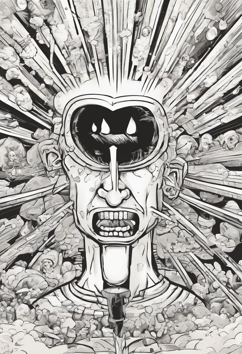 The head lets out a loud cry, Someone will tear the heart with their hands, Brain Explodes, Painting with black outline
