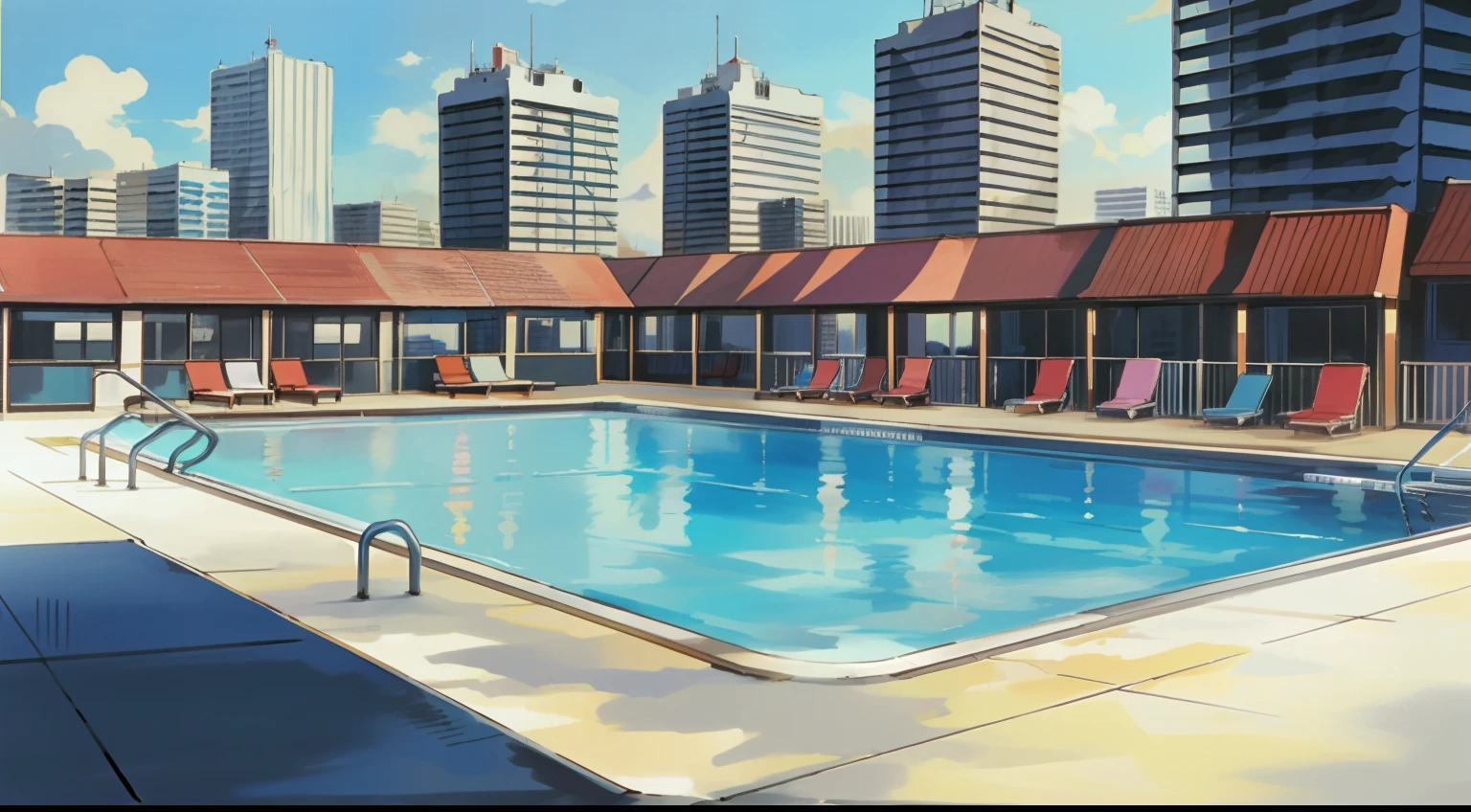 building, city landscape, hotel resort, pool, HNKstyle, 80's anime,