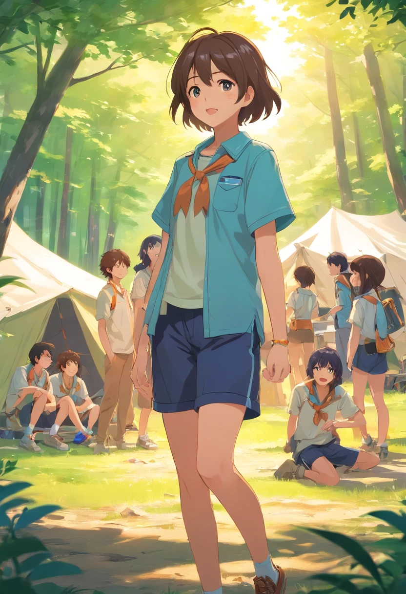 Back of a squatting nudist girl、Lots of boys staring at you from close range、surround each other's faces、Group Selfies、In the tent、nsfw