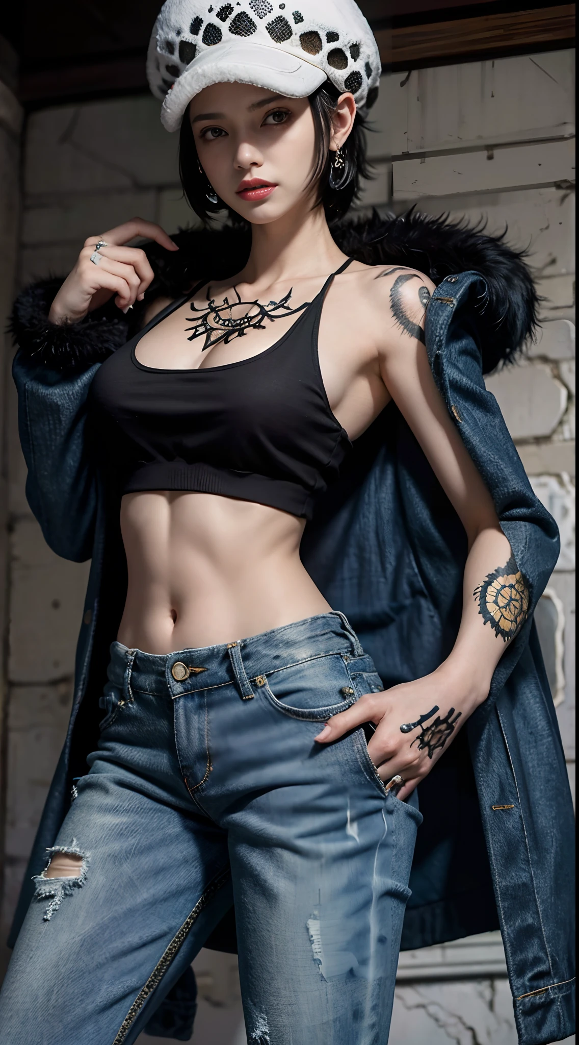 masterpiece, best quality, 8k,highestres, absurdres, extremely detailed, female trafalgar law, 1girl, 1sword, solo, looking at viewer, short hair, medium breasts, hat, navel, cleavage, collarbone, earrings, midriff, pants, coat, fur trim, denim, jeans, shoulder tattoo, hand tattoo, finger tattoo, black fur-trimmed coat, coat on shoulders, yellow tank top, sea background,