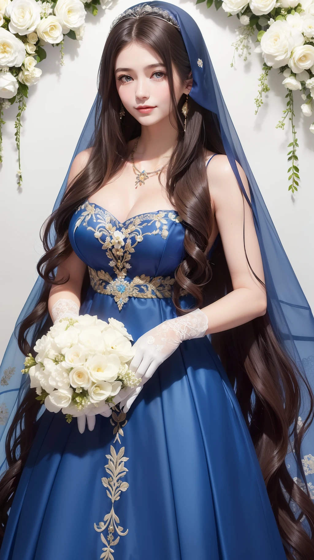 Floral wall background、1人の女性((20yr old)), hair((Long wavy hair, Dark blonde hair)), Blue eyes, ((Embroidered silk long dress)), Accessories ((tiarra, veils, bouquet, Necklace, White Gloves)), Smile, Colossal tits, Holding a bouquet of flowers in your hands, Happy Facial,