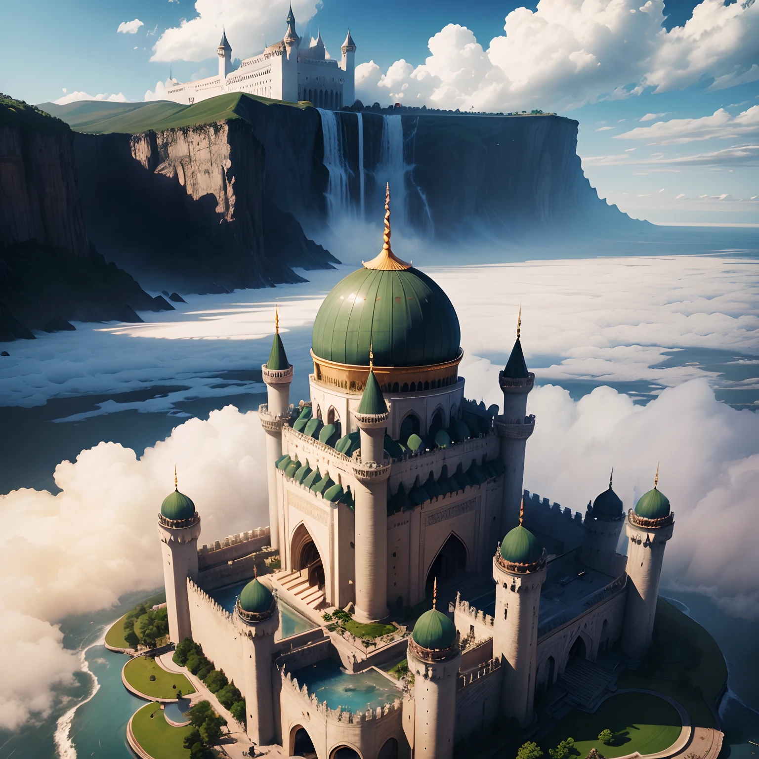 Grand Mosque，Super huge castle，超A high resolution，ＳＦart by，​masterpiece，mystical，Super huge waterfall，Huge construction、Towering above the clouds，planet earth，