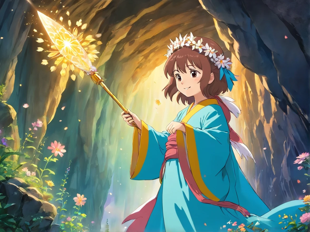 Deep in the cave,There was one dressed in a beautiful robe,Wearing a flower crown on his head,With a smile on his face。A fairy with this magic wand in her hand。Beside her is a jewel shining with light,The whole scene seems dreamy and magical。