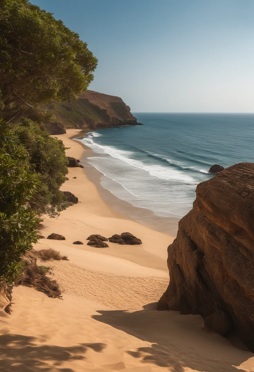 You are in front of a stunning seaside setting. Ahead of you, A vast ocean stretches as far as the eye can see, with deep blue waters that meet gently with the horizon. The sky is clear and cloudless, With the sun casting its golden rays on the water, criando reflexos brilhantes.
On the right hand, You see a long strip of golden sand, with a few palm trees swaying in the gentle breeze. The beach is quiet, only occasionally interrupted by couples walking hand in hand and children building sandcastles.
On the left hand, There are imposing cliffs of reddish hues that plunge into the sea, forming a dramatic landscape. On top of the cliffs, Lush greenery blends with vibrant greenery, criando um contraste fascinante com o azul do oceano.
No horizonte, You can spot small fishing boats dotting the water, dando um toque de autenticidade a essa paisagem serena e majestosa. It's a perfect place to relax, Enjoy nature and find peace by the sea.