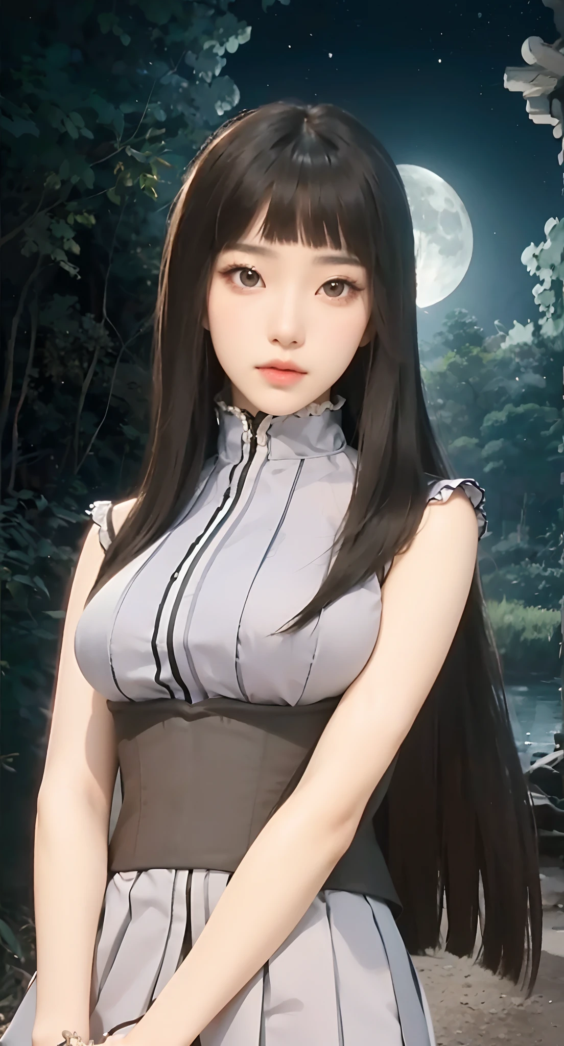 Real life adaption of this character, Korean beautiful face, looking to viewer,realistic same hair with Bangs and The back hair is long and neatly cut , (realistic same tight outfit with wearing realistic brown corset),realistic nature scenery with Moonlight view background, hyper realistic, realistic light, realistic shadow, realism,(photorealistic:1.2)