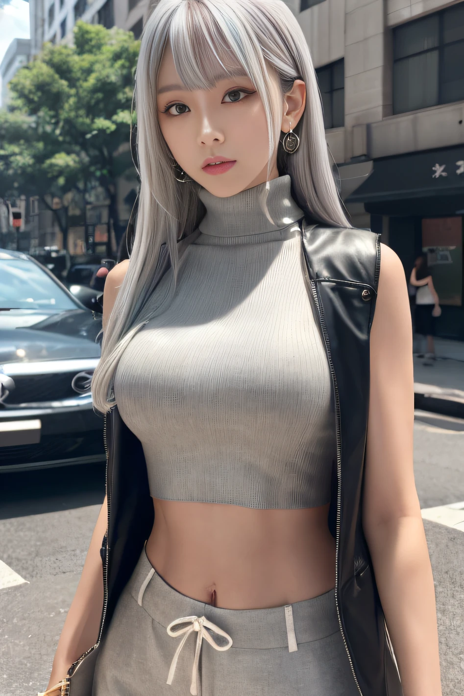 (8K, Raw photo, Best Quality, masutepiece:1.2), (Realistic, Photorealsitic:1.37), 1girl in,(Kpop Idol), Cute, Professional Lighting, Photon mapping, Radio City, Physically-based rendering, Black jacket, Black shirt, Black shorts, Blue eyes, Blunt bangs, cleavage cutout, Clothes Cutout, croptop, eyeshadows, Gradient Hair, Grey Hair, hair rings, White hair, multicolored hair, Navel, Shirt, Shorts, Sleeveless, sleeveless turtleneck, Sleeveless Turtleneck Crop Top, Stomach, turtle neck, Turtleneck Crop Top, Two-tone hair