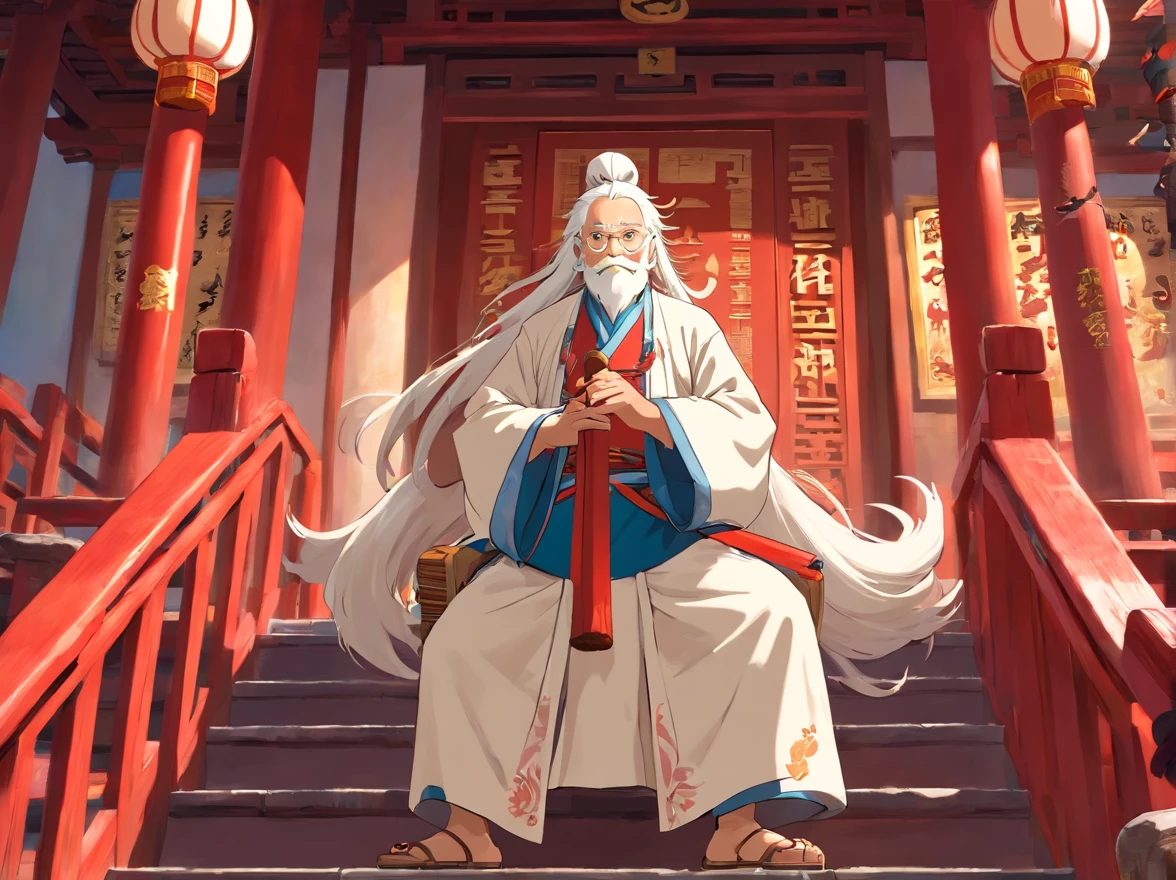A kind immortal grandfather dressed in a gorgeous Han costume, with long white hair and a drum stick,Stand on the long staircase of a Chinese temple