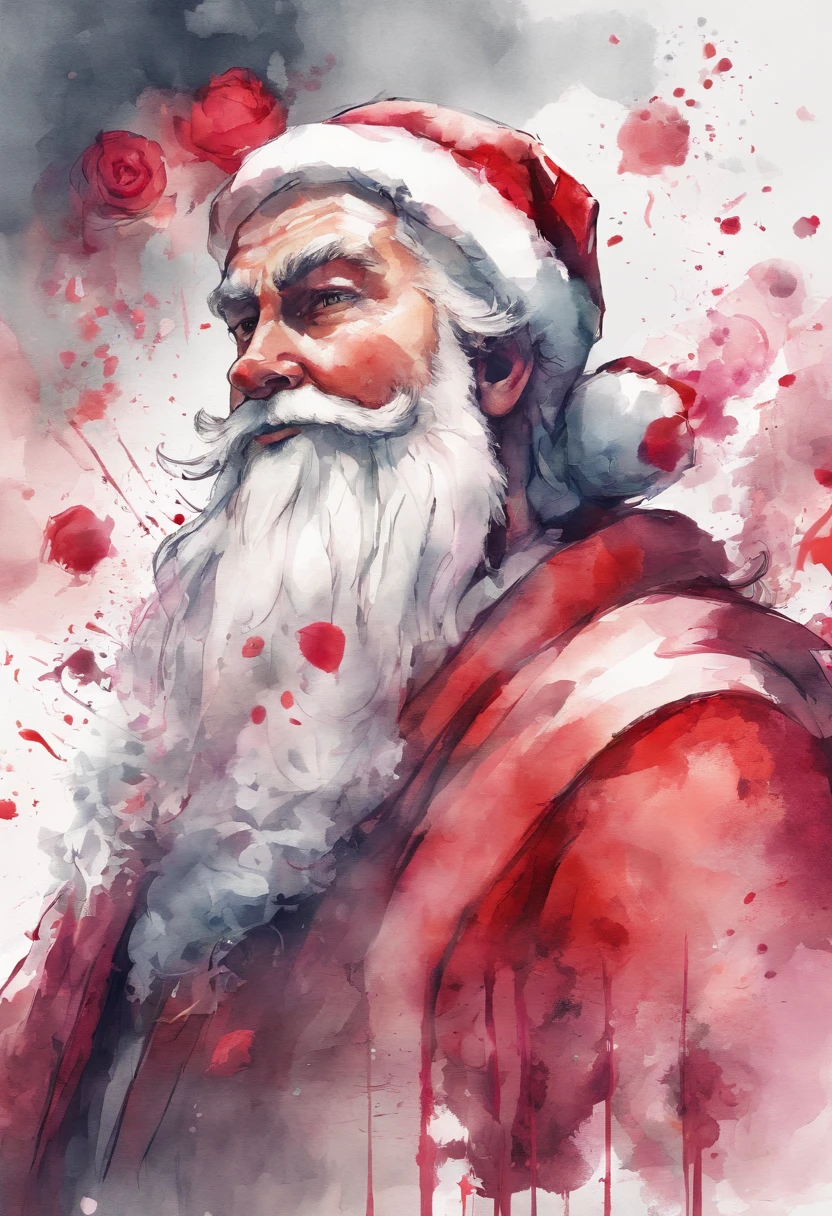 close up photo of santa Claus ,watrcolor style, (rose behind) digital art, official art, blown by the wind, masterpiece, handsome face, ((watercolor)), paint splatter, intricate detail. Great detail, [dripping:0.7]