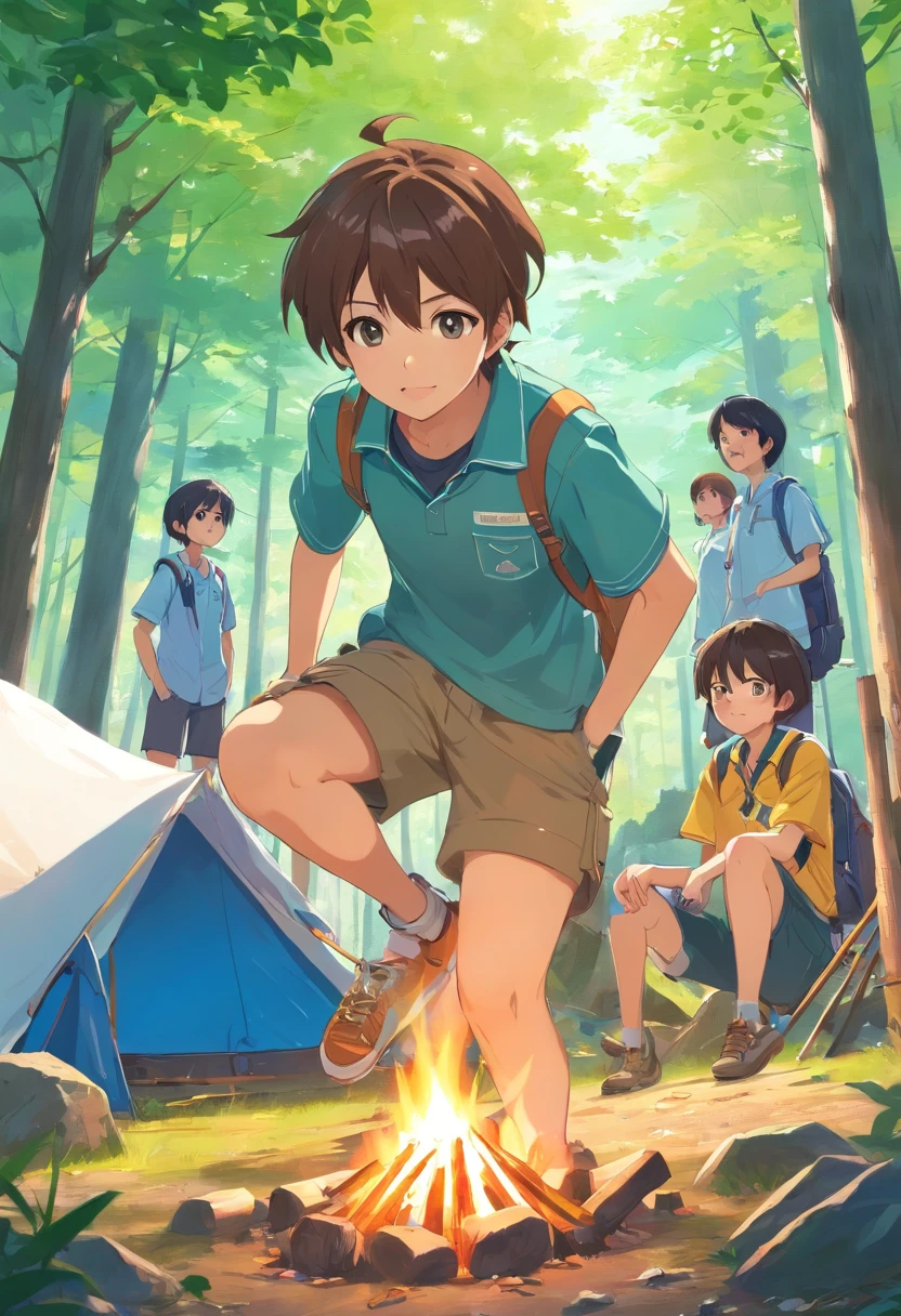 On a camp ground, there are many people wearing scout shirts and a game leader wearing a scout shirt, they are playing a very fun play hide and seek