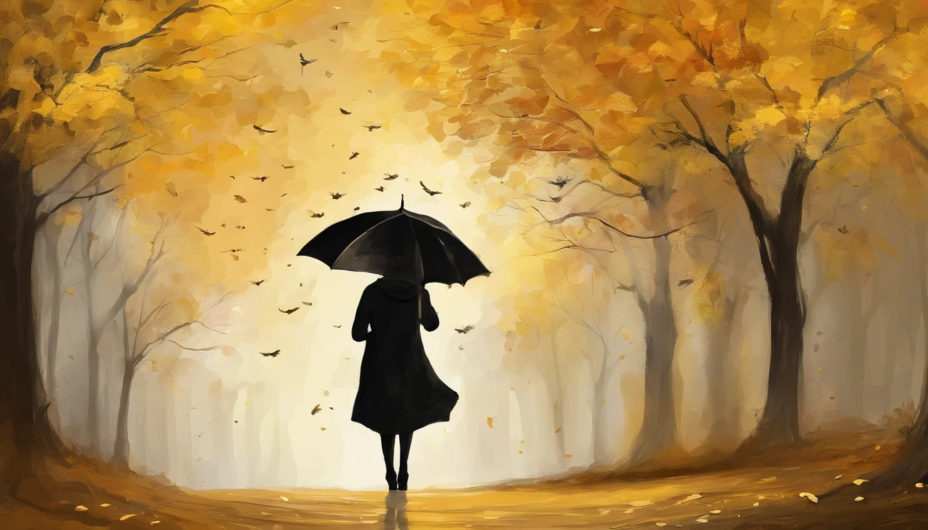 Girl with a black umbrella，Look back，Ginkgo tree， Divisional deciduous pavement，leaves falling，autumnal，Light yellow tones，super-fine，Carefully drawn，high quarity，8K，Miyazaki Animation Style