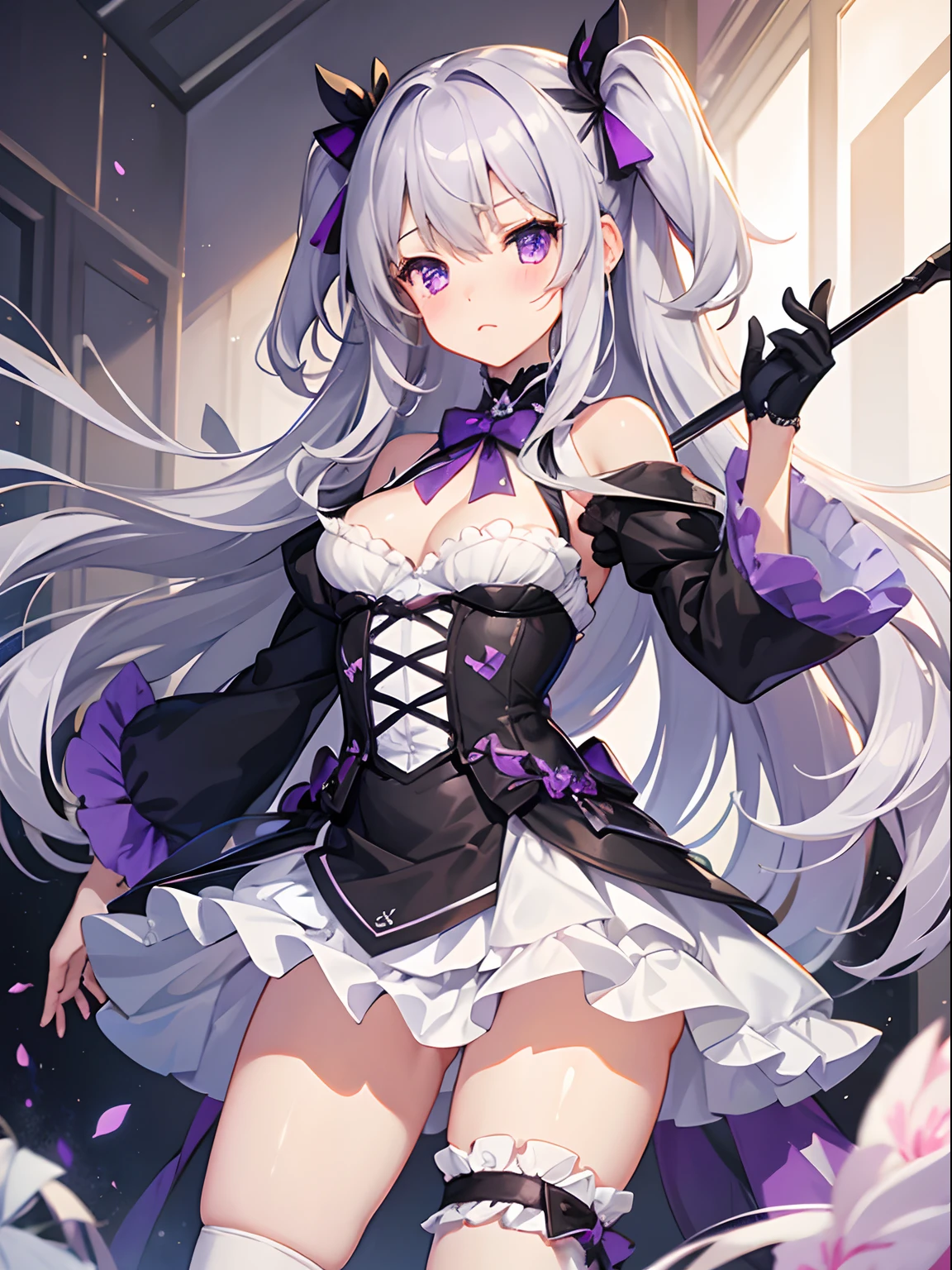 1girl , Silver medium hair, purple eyes, cute, blush, medium breasts, bloomers
