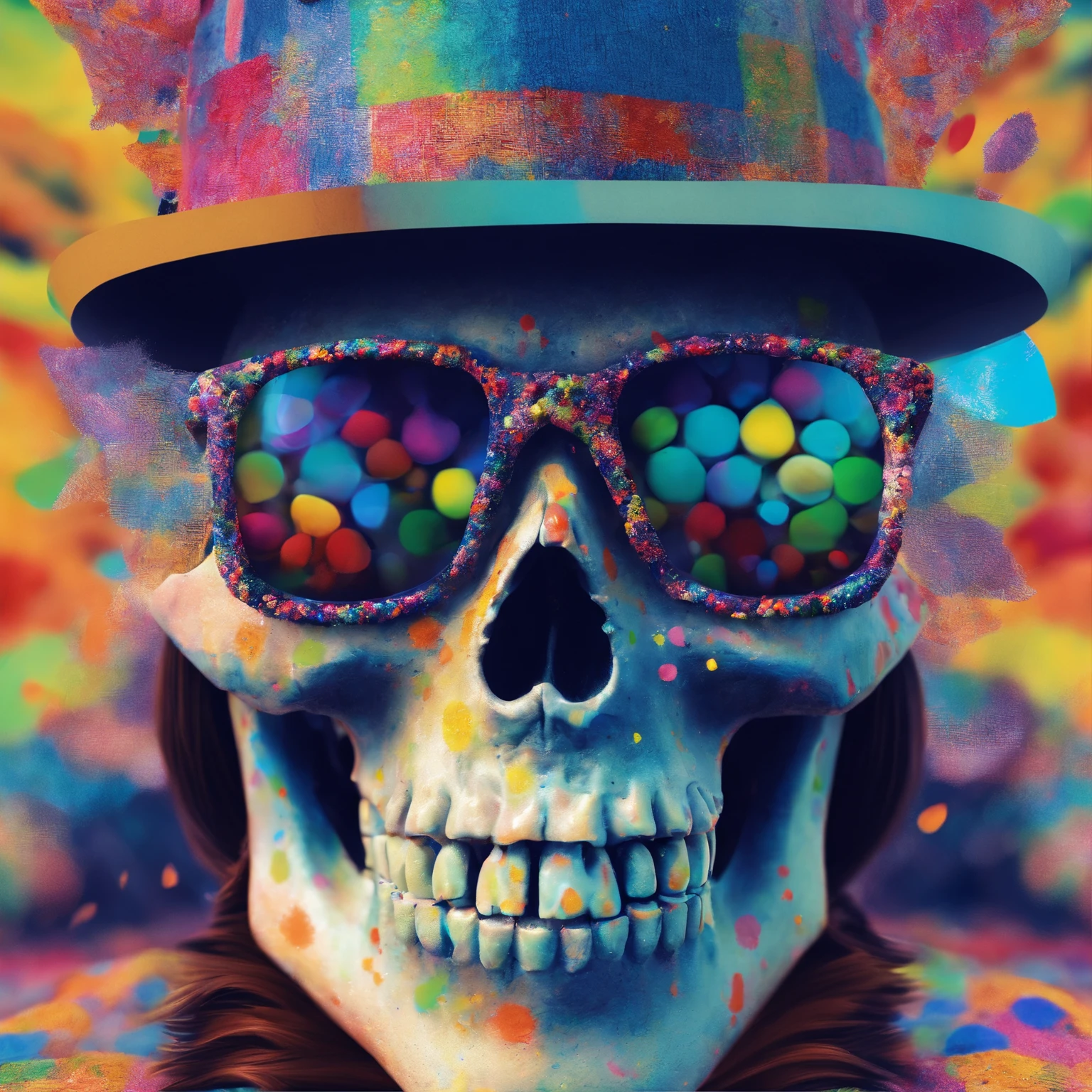a close up of a person wearing a top hat and sunglasses, the rad hatter, jen bartel, mad hatter, skull clown, portrait skull clown, the mad hatter, the madhatter, colourful movie art, grim-hatter, halloween art style, scary detailed art in color, in style of digital illustration, epic digital art illustration