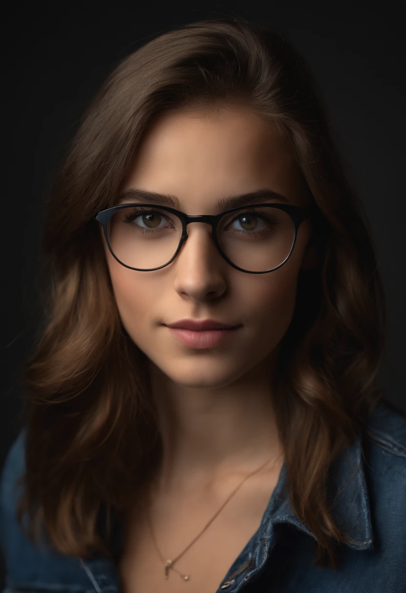 A young woman of 19 years old beautiful with long brown hair, and hazel eyes, short and skinny, glasses, flat chested, wearing denim. dark grey background and studio lighting, yearbook pose, character close-up, character headshot portrait, character close-up.