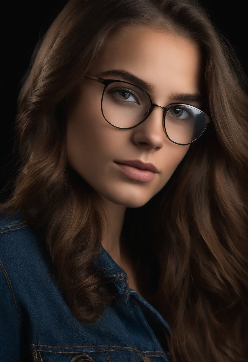 A young woman of 19 years old beautiful with long brown hair, and hazel eyes, short and skinny, glasses, flat chested, wearing denim. dark grey background and studio lighting, yearbook pose, character close-up, character headshot portrait, character close-up.