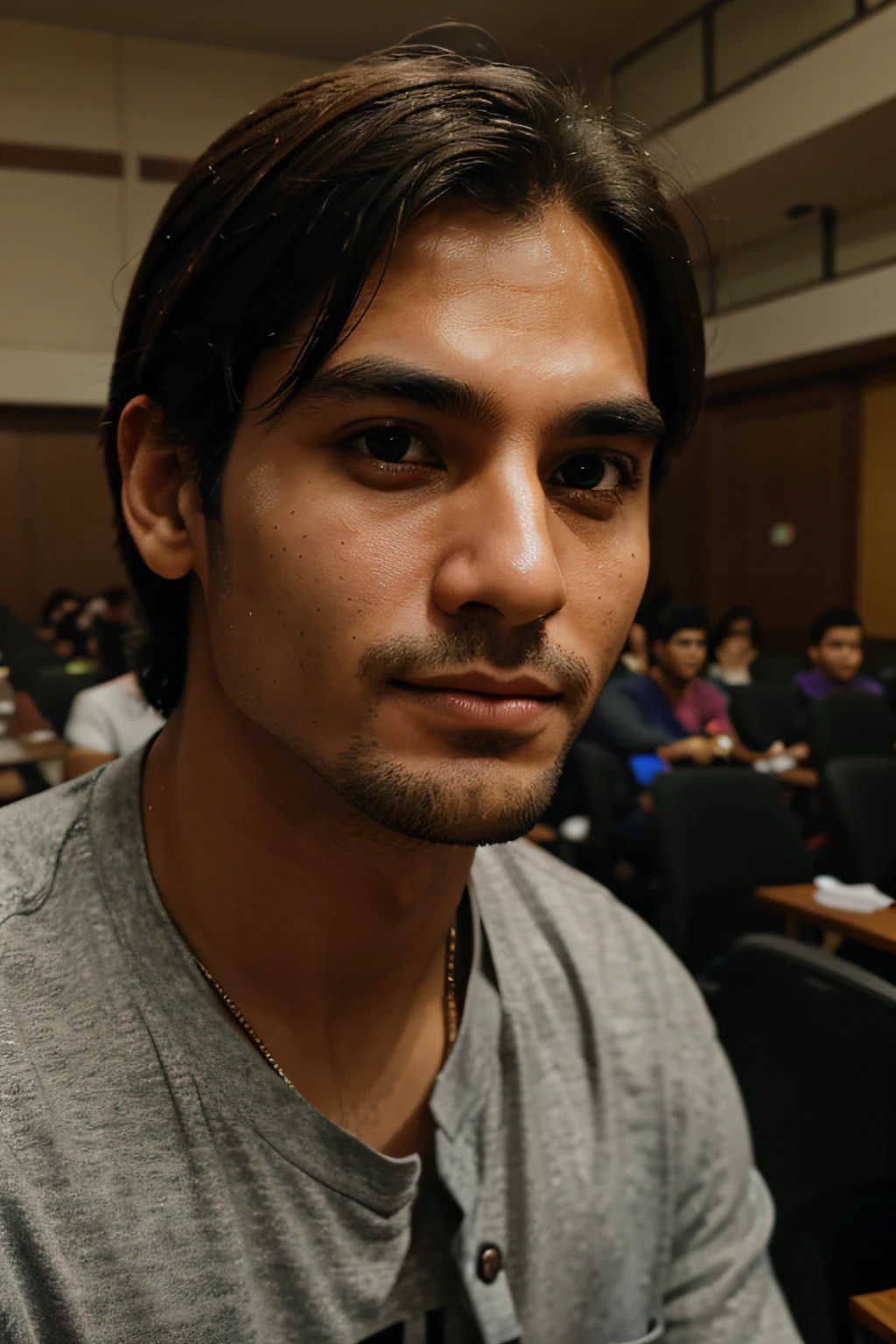A man in big seminar hall with close up Face