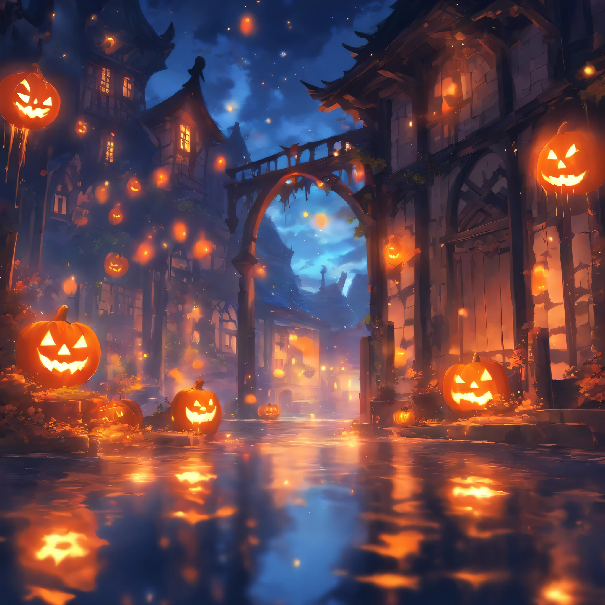 Halloween Floating Lights, Cinematic light and reflection, glowing lights, Intermediate metaverse elements，Digital Painting, Glowing reflections, pondering, Halloween Jack-o'-lantern, calm night, Digital Illustration, Beautiful atmosphere, Skylight at night, Calm evening atmosphere, Jack-o'-lantern, Halloween, the night, themoon, The game scene, Halloween, Surrounded by clouds, Buildings in medieval Europe, glazed tiles, ue, gorgeous colors, There are three arches in the foreground((color ink)), ( (Splash ink ) ), ((Splash ink) inky})), tmasterpiece, high quarity, Beautiful graphics, high detal,Magnificent