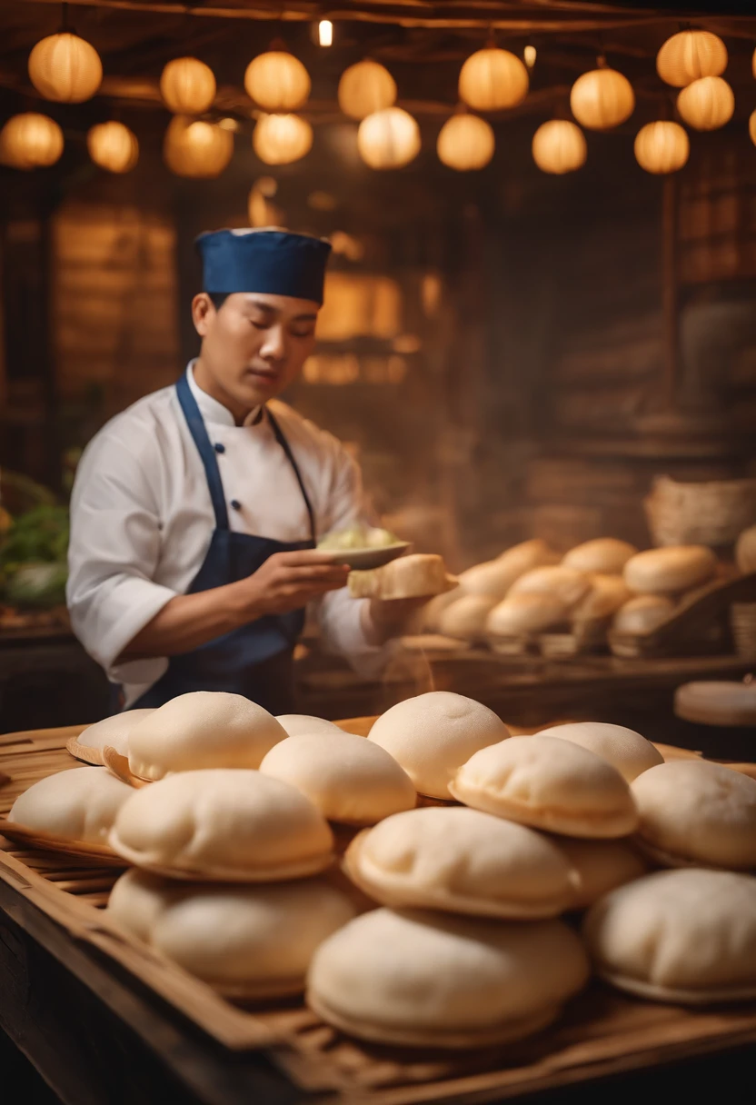 Commercial shooting, Cut the buns in halfSteamed of pork buns VietNam,Steamed pork buns VietNam size, poster for, Fresh style background, elegant, Booth lighting, Attractive, photorealistic colors, Ultra HD